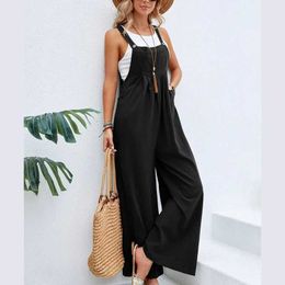 Womens Jumpsuits Rompers Retro cotton linen jumpsuit for womens solid strapless button pocket wide leg suspension pants summer oversized loose fitting jumpsuit Y2