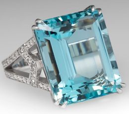 silver Colour 925 Princess Sea Blue Topaz Diamond Ring Square Gemstone Bizuteria Anillo 925 Jewellery for Women Sapphire Ring box Y112814612
