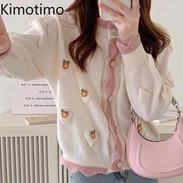 Women's Knits Kimotimo Sweet 3D Flowers Sweater Cardigan Women 2024 Autumn Winter Lace Stand Collar Contrast Colour Knitted Tops Designer