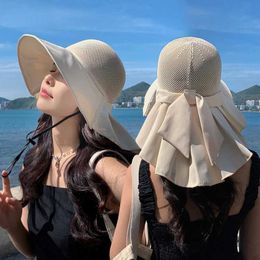 Wide Brim Hats Bucket Hats Summer Women Bucket Hat with Shl Lightweight Breathable Mesh Face Neck Protection Sun Hat Bow Pleat Beach C Design Travel J240425