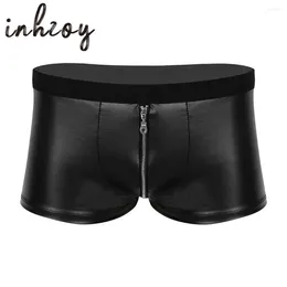 Underpants Men's Wet Look Black Faux Leather Gay Underwear Zipper Crotch Penis Bulge Pouch Tight Boxer Shorts Sexy Male Lingerie