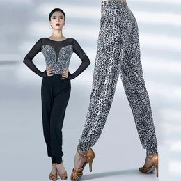 Stage Wear Women Latin Dance Pants Practise Clothing Samba Rumba Ballroom Loose Trousers Black Leopard