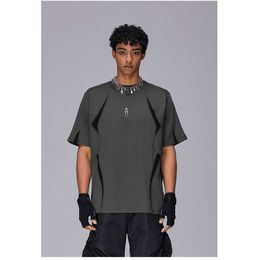 Rokawear American Trendy Brand Split Different Material Mesh Panel Breathable Short Sleeved T-shirt Loose Functional Style Top for Men