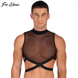 Men's Tank Tops Mens Sexy See-through Mesh Crop Top Sleeveless Zipper Elastic Crisscross Strappy Vest For Rave Party Pole Dancing Music