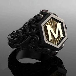 Band Rings Classic Retro Black Men Gold Colour Carving M Letter Signet Steampunk for Birhday Gift Party Gothic Jewellery H240425