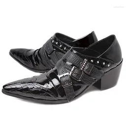 Casual Shoes Black Hollow Pointed Toe Men's Leather Three-Layer Buckle Decoration Dress