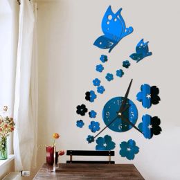 Clocks 1 Set Wall Clock Selfadhesive Battery Operated Long Pointer 4 Numbers Silent 3D Mirror Butterfly Plum Blossom Art Clock