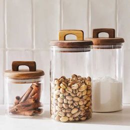 Food Savers Storage Containers 650/1100/1800ml glass food storage jar with wooden lid kitchen coffee beans candy tea granule household snack H240425