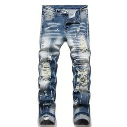 Men Y2k Stretchy Denim Jeans Ripped Skinny Letter Print Elastic Waist Casual Pants for Men Hole Slim Fit Streetwear Men Trousers 240423