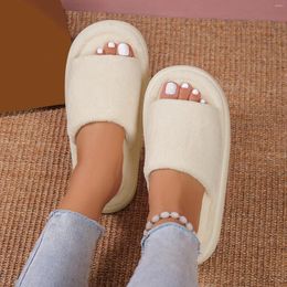 Slippers Women Solid Color Fluffy Warm Open Toe Soft Sole Flat Cotton House Floor Bedroom Sandals