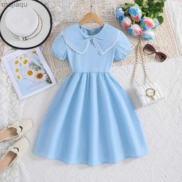 Girl's Dresses Summer Dress For 8-12 Years Kids Girls Blue Peter Pan Collar Puffy Sleeve Princess Dress Sweet Elegant Style Party Daily ClothesL2404