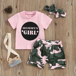 Clothing Sets Fashion Summer Camo Toddler Girls Clothes Set Short Sleeve Letter Print Tops With Camouflage Shorts And Headband 3Pcs Outfits