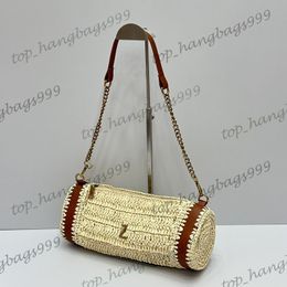 Ladies Straw Weave Hollow Out Round Barrel Bags Chain Leather Strap Underarm Shoulder Handbags Large Capacity Luxury Designer Purse 34x12x16cm For Beach Summer