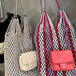 Luxury Designer Woven Woollen fabric Bag Woven Tote Bag Beach Bag High Quality Colourful Woven double bag Design Single Shoulder Bag Chain Red Handbag Underarm Bag