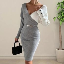 Casual Dresses Knitted Fabric Dress Sequined Long Sleeve Sequin V Neck Midi With High Waist Chain Decor Thick For Fall