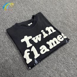 Flames Puff Print Broken Planet T Shirt Summer Style High Quality Cotton Oversized Tee Top Charcoal Black T-Shirt For Men Women 240425