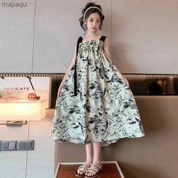 Girl's Dresses 2024 New Girls Summer Sleeveless Suspender Dress Summer Party Kids Beach Long Chiffon Dresses Chinese Floral Print Skirt 4-15YL2404