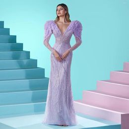 Party Dresses Jancember Dubai Long Sleeves Mermaid Lilac Evening Dress For Women Wedding Elegant V-Neck Blue Formal Gowns SZ433