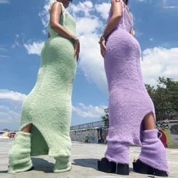 Casual Dresses BKLD Candy Color Y2k Faux Fur Straps Lacing Bodycon Vest Maxi Dress With Socks Boot Cuffs Winter Fashion Girls Sweet Outfits