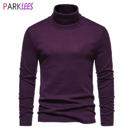 T-Shirts Purple Turtleneck Pullover Sweater Men 2023 Autumn Casual Slim Fit Thermal Shirt Basic Knitted Pullover Undershirt Pull Homme
