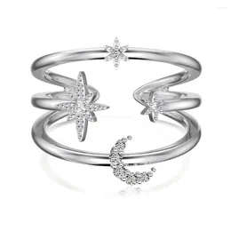 Cluster Rings Light Luxury S925 Pure Silver Open Ring Female Star Moon Zircon Inlaid Hollow Layered Wearing Feeling