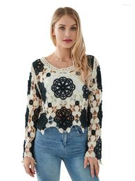 Women's T Shirts Women Y2k Long Sleeve Top Crochet Floral Embroidery Knit Pullover Boho V Neck Hollow Out Cardigan