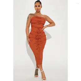 Work Dresses WUHE Knit Ribbed Lace Up Midi Bandage Maxi Long Skirt Suit And Strapless Crop Top Matching Two 2 Piece Set Women Outfits