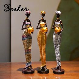 SAAKAR Resin Painted Black Statue Decor Figurines Retro African Women Holding Pottery Pots Home Bedroom Desktop Collection Items 240425