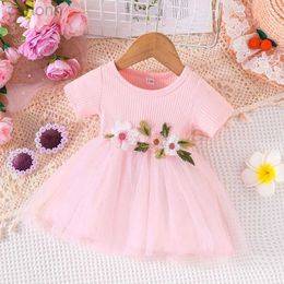 Girl's Dresses Dress For Kids 3-24 Months Fashion Summer Short Sleeve Cute Cotton Floral Tulle Princess Formal Dresses Ootd For Baby Girl d240425