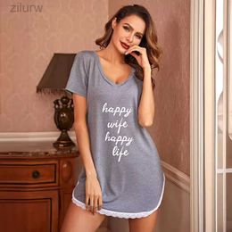 Sexy Pyjamas Summer Sexy Women Sleepwear Contrast Lace Slogan Graphic Nightdress V-Neck Short Sleeve Pyjama Nighties d240425