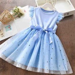 Girl's Dresses Sweet Girls Summer Flying Sleeves Bow Sequin Dress 2-6Y Kids Birthday Party Pink Fluffy A-line Tutu Princess Dress for Baby Girl d240425