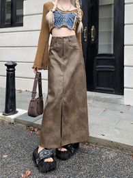 Skirts OHRYIYIE Brown Black Maxi Long Vintage Faux Leather Skirt Women Autumn Winter Fashion Split A-Line Female PU Lady