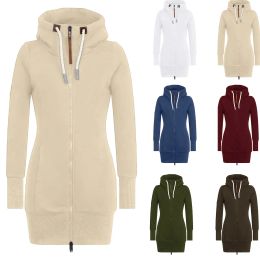 Sweatshirts High Collar Long Sweatshirts Solid Hooded Jacket for Women Oversized Zip Up Hoodies Autumn Long Sleeve Fleece Drawstring Coats