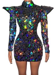 Stage Wear Cool Nightclub Women Singer Models Stage Performance Costume Silver Laser Faux Mirrors Sequins Dress Evening dresses d240425