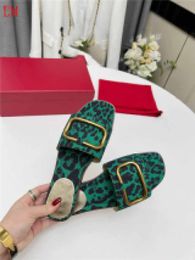 Luxury designer Signature Green Leather Leopard Calf-hair Open Toe Slip On Mule Sandals Slides With Box