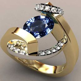 Band Rings Creative Fashion Blue Stone Wedding Ring for Women Exquisite Gold Color Inlaid White Zircon Stones Engagement Jewelry H240425