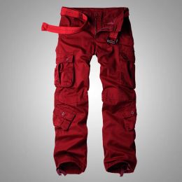 Pants 2023 Autumn Korean style washing wine red cotton overalls pants men casual loose Multipocket cargo pants for men,2842