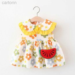 Girl's Dresses 2Pcs/SetSummer Girls Dress New Flip Collar Full body Colourful Flower Sleeveless Vest Skirt Comes with Watermelon Bag as a Gift d240425