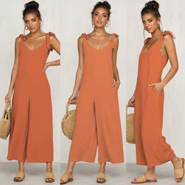 Women's Jumpsuits Rompers Casual Loose Jumpsuit Women Summer Solid Cotton Linen Straps Wide Leg Pants Solid Pockets Slveless Oversized Jumpsuits Y240425