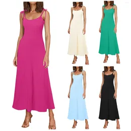 Casual Dresses For Wedding Guest Women'S 2024 Summer Maxi Tie Spaghetti Strap Square Neck Ribbed Knit Vestidos Verano Moda