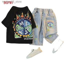 Clothing Sets Youth boy clothing set summer childrens sports T-shirt+hole denim shorts set toddler boy fashion boy clothing set Q240425