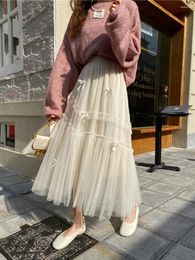 Skirts Women'S Spring/Summer Midi Skirt With Ruffled Edges Bow Decoration Pleated Flowers A-Line Mesh Suitable For Travel Beach