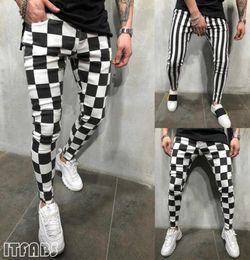 2020 Men039s Slim Pants Tights Fitness Fashion Slim Comfortable Striped Plaid Black White Casual Pencil Pants Men Clothes X06158666887