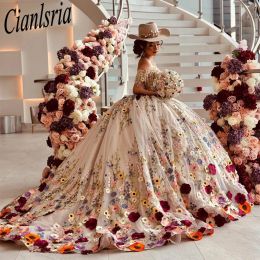 Champagne 3D Flowers Ball Gown Quinceanera Dresses Colourful Floral Appliques Lace Corset Vestidos De 15 Anos