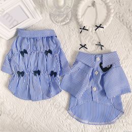 Casual Blue Striped Dog Shirt Fashion Dog Lapel Bow Blouse Designer Schnauzer French Bucket Thin Button Shirt