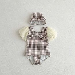 One-Pieces Summer New Girls Swimming Wear Plaid Skinny Beach One Piece Lace Sleeve Baby Swimming Suit H240425