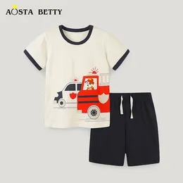 Clothing Sets 24 Summer Products Boys Knitted Cotton Set For Children Cartoon Fire Truck Print Two-piece