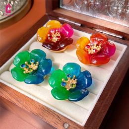 Stud Earrings Medieval Rhinestone Gradient Resin Flower For Women Europe And America Exaggerated Retro Party Jewlery