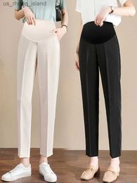 Maternity Bottoms 2024 Pregnant women belly pants summer black elegant maternity formal trousers ankle-length pregnancy work clothes with pocketsL2404