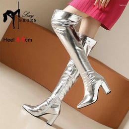 Boots 2024 Square High Heel Thigh Gold Silver Shiny Lacquer Leather Women's Thick Large Size 45 46 Shoes Booties